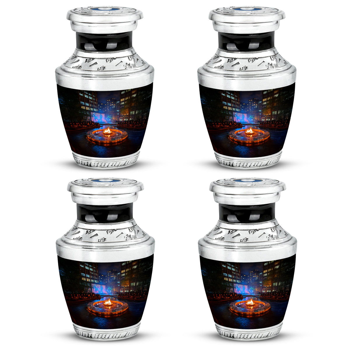 Midnight Black Campfire Cremation Urn back view with polished surface - stylized abstract campfire pattern with bold lines - 10 inch aluminum urn for cremated remains