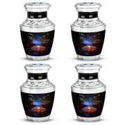 Midnight Black Campfire Cremation Urn back view with polished surface - stylized abstract campfire pattern with bold lines - 10 inch aluminum urn for cremated remains