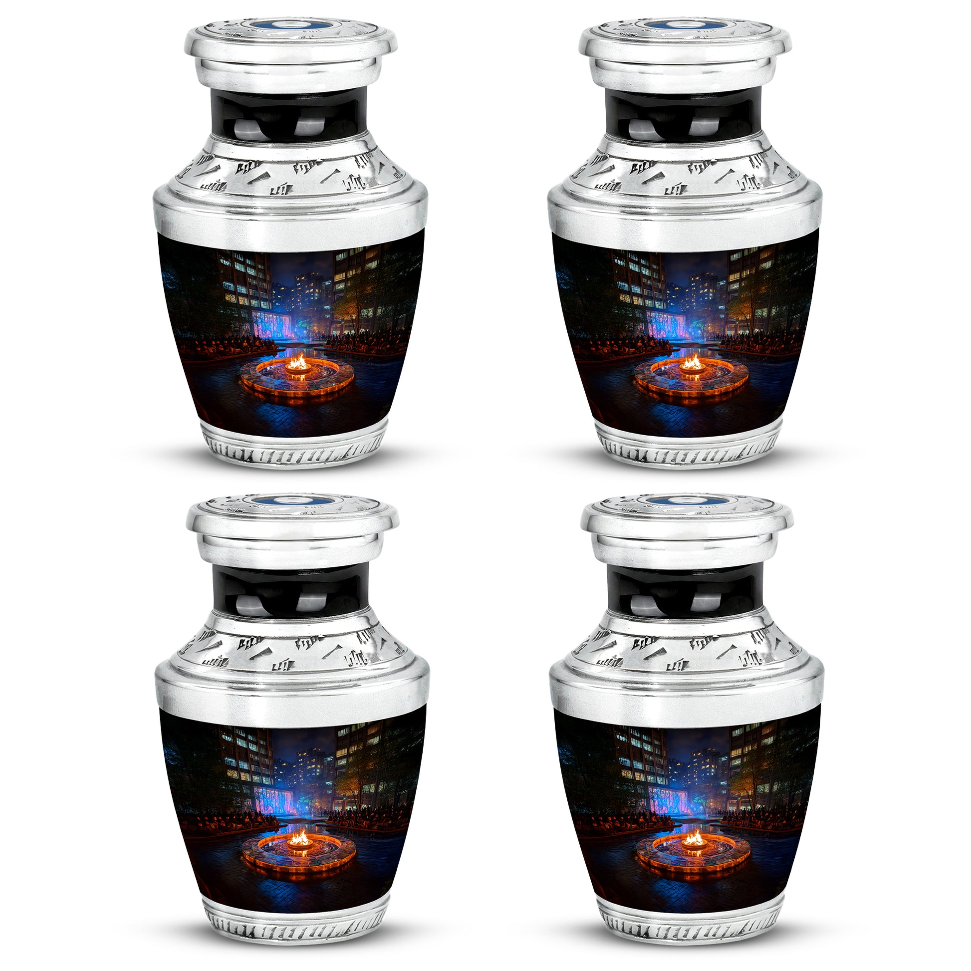 Midnight Black Campfire Cremation Urn back view with polished surface - stylized abstract campfire pattern with bold lines - 10 inch aluminum urn for cremated remains