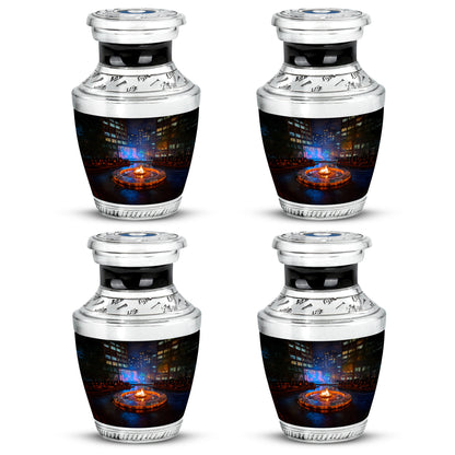 Midnight Black Campfire Cremation Urn back view with polished surface - stylized abstract campfire pattern with bold lines - 10 inch aluminum urn for cremated remains