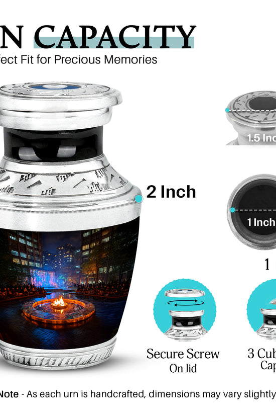 Charcoal Black Campfire Cremation Urn top-down view of secure threaded lid - stylized abstract campfire pattern with bold lines - mini keepsake memorial for portion of cremation ashes