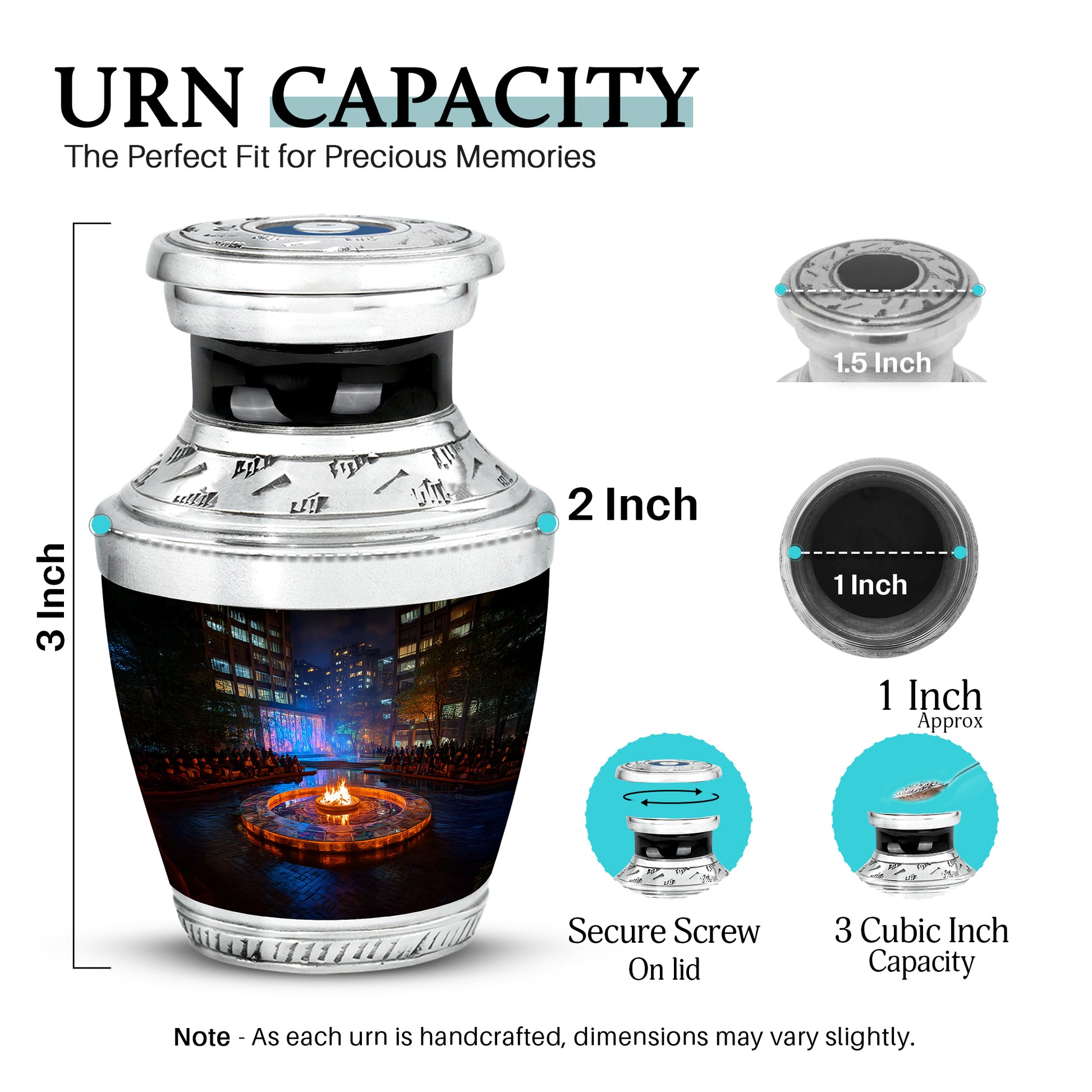Charcoal Black Campfire Cremation Urn top-down view of secure threaded lid - stylized abstract campfire pattern with bold lines - mini keepsake memorial for portion of cremation ashes