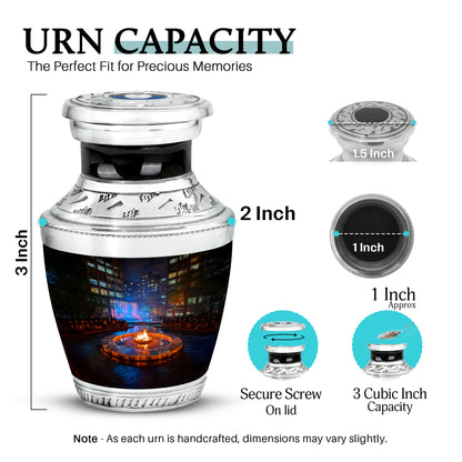 Charcoal Black Campfire Cremation Urn top-down view of secure threaded lid - stylized abstract campfire pattern with bold lines - mini keepsake memorial for portion of cremation ashes