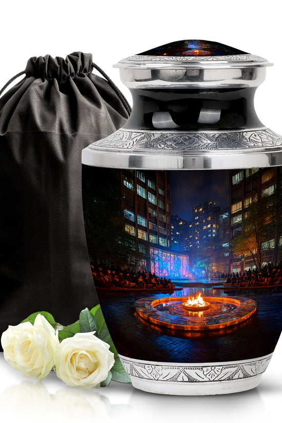Ebony Campfire Cremation Urn side profile showing urn shape - modern art-inspired campfire motif on sleek aluminum - full-size 10 inch 200 cubic inch adult cremation urn