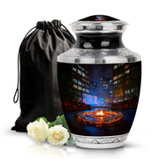 Ebony Campfire Cremation Urn side profile showing urn shape - modern art-inspired campfire motif on sleek aluminum - full-size 10 inch 200 cubic inch adult cremation urn