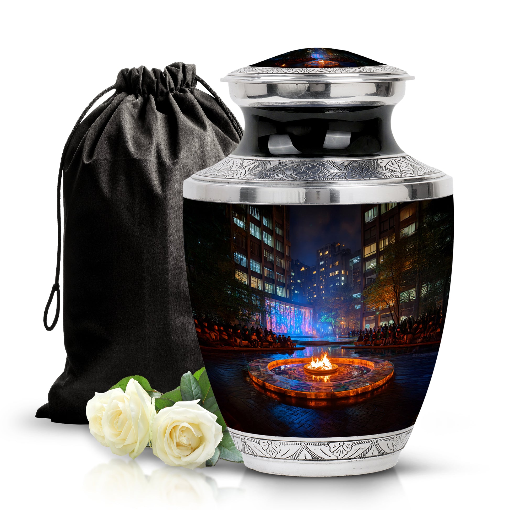 Ebony Campfire Cremation Urn side profile showing urn shape - modern art-inspired campfire motif on sleek aluminum - full-size 10 inch 200 cubic inch adult cremation urn