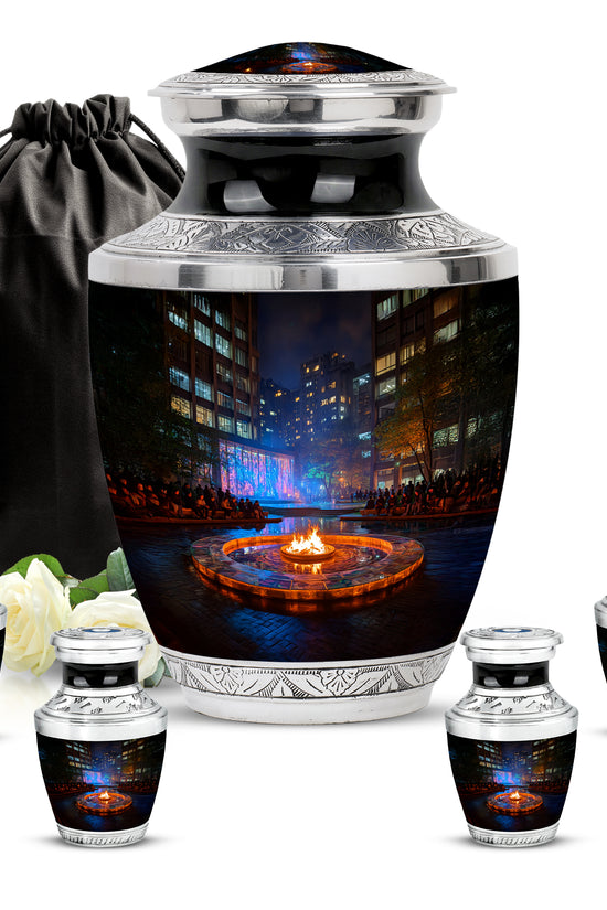 Deep Black Campfire Cremation Urn lifestyle display on memorial shelf - modern art-inspired campfire motif on sleek aluminum - memorial set with one large and four small urns