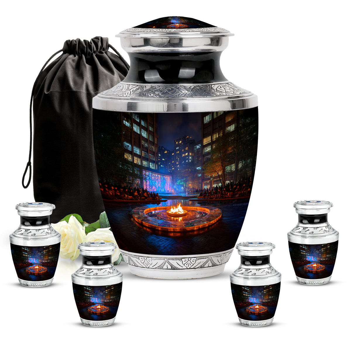 Deep Black Campfire Cremation Urn lifestyle display on memorial shelf - modern art-inspired campfire motif on sleek aluminum - memorial set with one large and four small urns