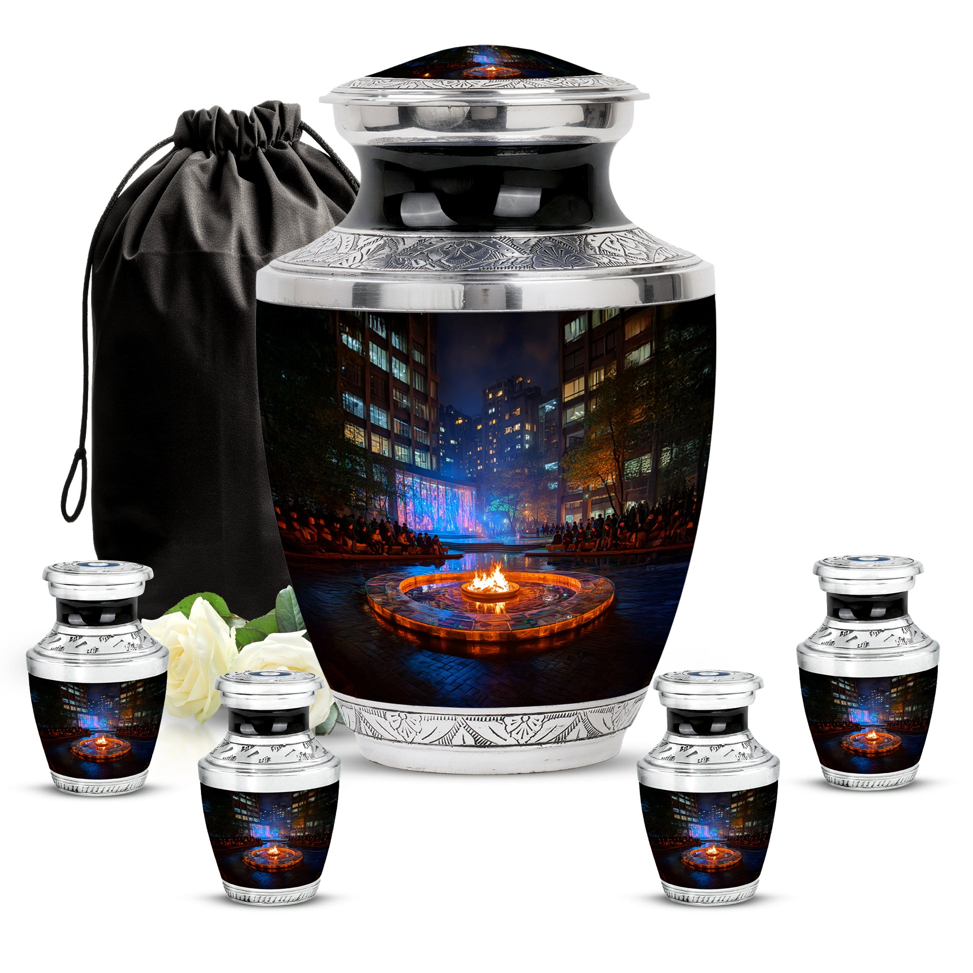 Deep Black Campfire Cremation Urn lifestyle display on memorial shelf - modern art-inspired campfire motif on sleek aluminum - memorial set with one large and four small urns