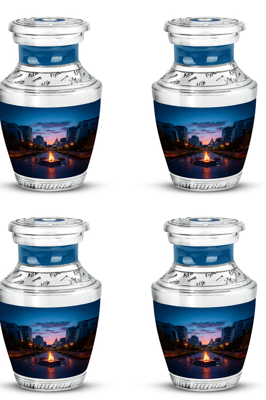 Misty Blue Campfire Cremation Urn back view with polished surface - contemporary campfire design with modern artistic flair - 10 inch aluminum urn for cremated remains