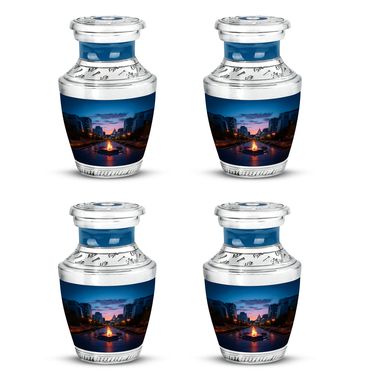 Misty Blue Campfire Cremation Urn back view with polished surface - contemporary campfire design with modern artistic flair - 10 inch aluminum urn for cremated remains