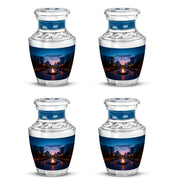 Misty Blue Campfire Cremation Urn back view with polished surface - contemporary campfire design with modern artistic flair - 10 inch aluminum urn for cremated remains