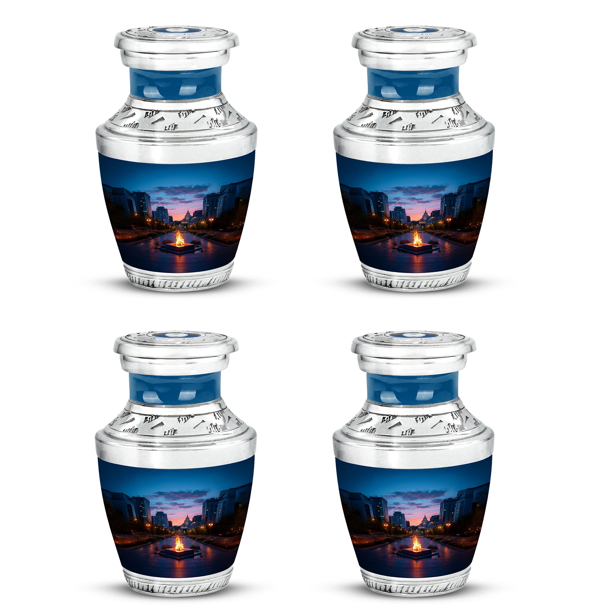 Misty Blue Campfire Cremation Urn back view with polished surface - contemporary campfire design with modern artistic flair - 10 inch aluminum urn for cremated remains