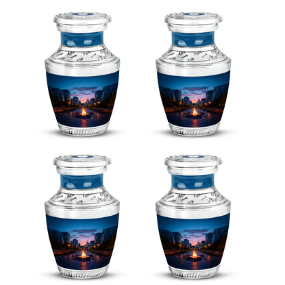 Misty Blue Campfire Cremation Urn back view with polished surface - contemporary campfire design with modern artistic flair - 10 inch aluminum urn for cremated remains
