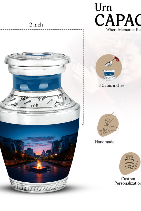 Cornflower Blue Campfire Cremation Urn top-down view of secure threaded lid - stylized abstract campfire pattern with bold lines - mini keepsake memorial for portion of cremation ashes