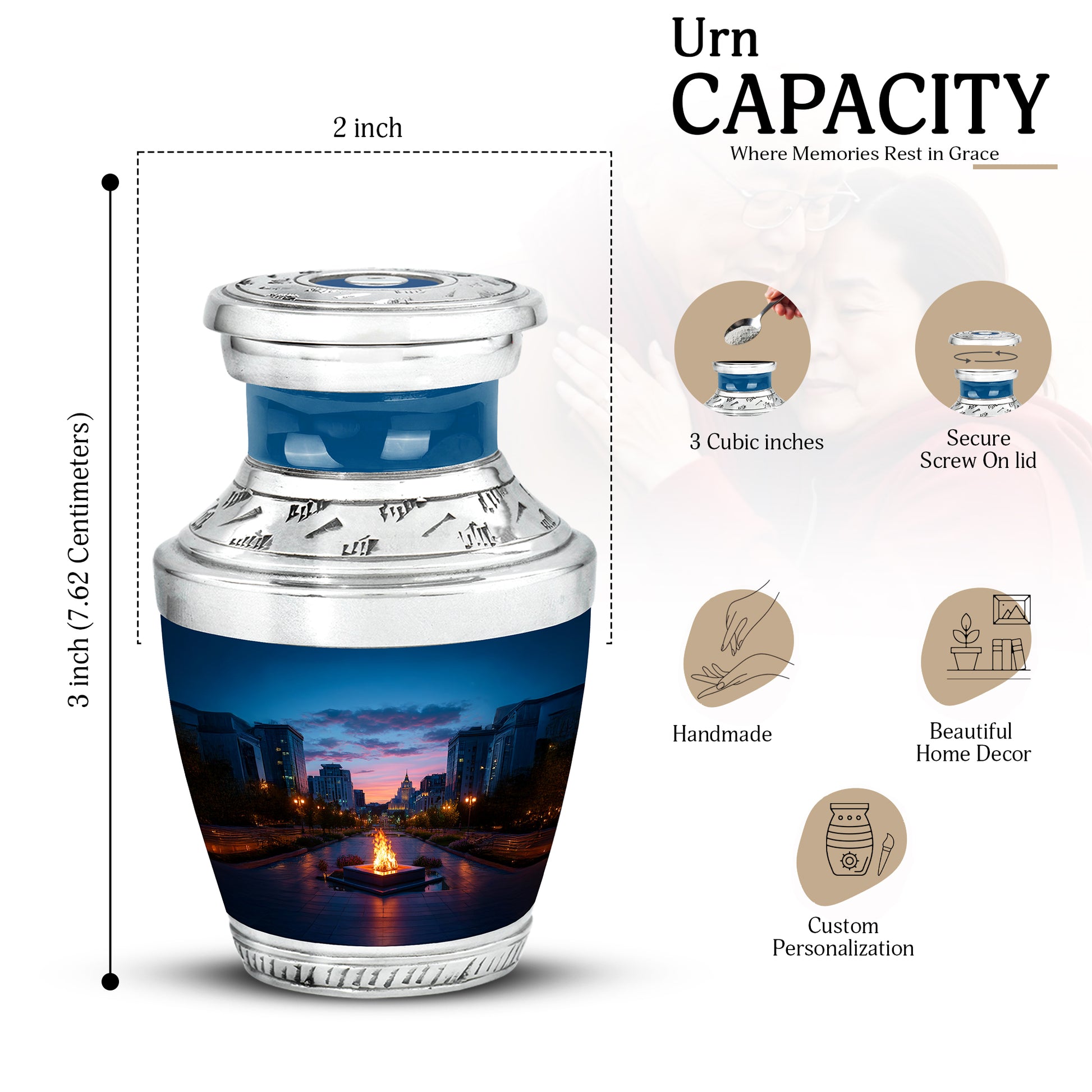 Cornflower Blue Campfire Cremation Urn top-down view of secure threaded lid - stylized abstract campfire pattern with bold lines - mini keepsake memorial for portion of cremation ashes