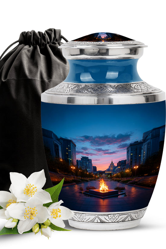 Twilight Blue Campfire Cremation Urn side profile showing urn shape - artistic campfire interpretation with creative detail - full-size 10 inch 200 cubic inch adult cremation urn