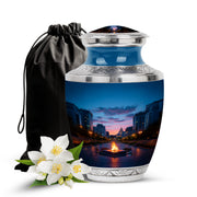 Twilight Blue Campfire Cremation Urn side profile showing urn shape - artistic campfire interpretation with creative detail - full-size 10 inch 200 cubic inch adult cremation urn