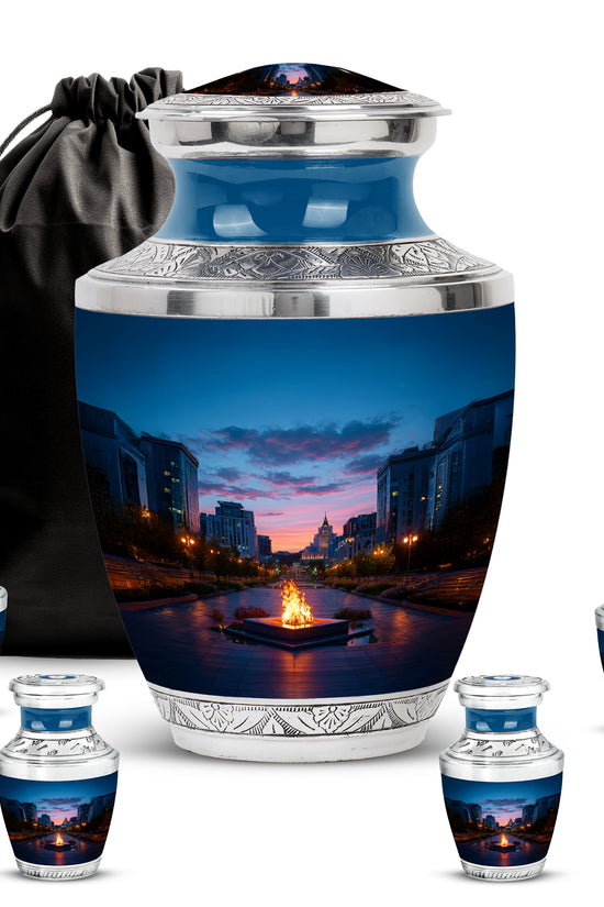 Icy Blue Campfire Cremation Urn lifestyle display on memorial shelf - contemporary campfire design with modern artistic flair - memorial set with one large and four small urns