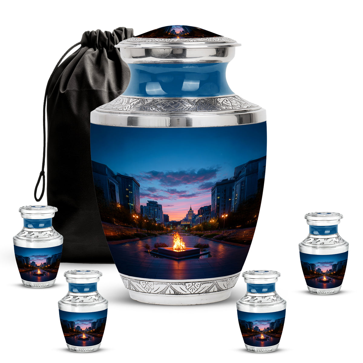 Icy Blue Campfire Cremation Urn lifestyle display on memorial shelf - contemporary campfire design with modern artistic flair - memorial set with one large and four small urns
