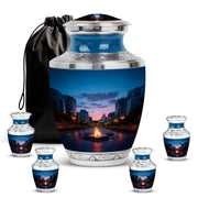 Icy Blue Campfire Cremation Urn lifestyle display on memorial shelf - contemporary campfire design with modern artistic flair - memorial set with one large and four small urns
