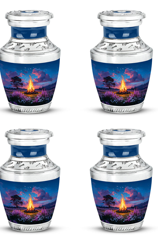 Azure Campfire Cremation Urn back view with polished surface - modern art-inspired campfire motif on sleek aluminum - 10 inch aluminum urn for cremated remains