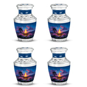 Azure Campfire Cremation Urn back view with polished surface - modern art-inspired campfire motif on sleek aluminum - 10 inch aluminum urn for cremated remains