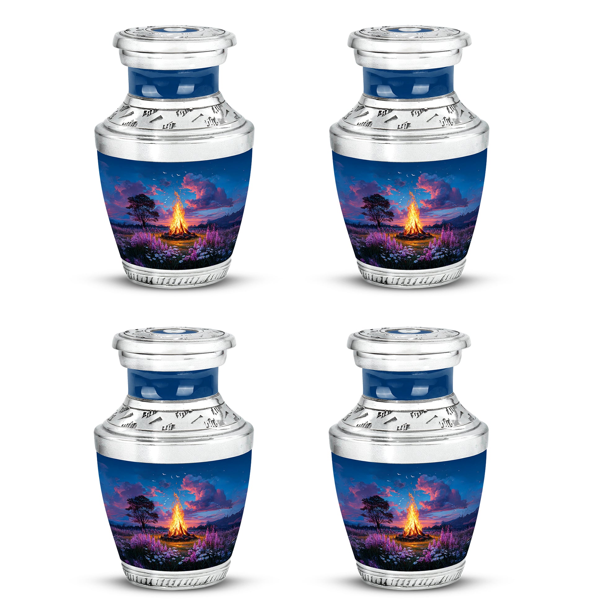 Azure Campfire Cremation Urn back view with polished surface - modern art-inspired campfire motif on sleek aluminum - 10 inch aluminum urn for cremated remains