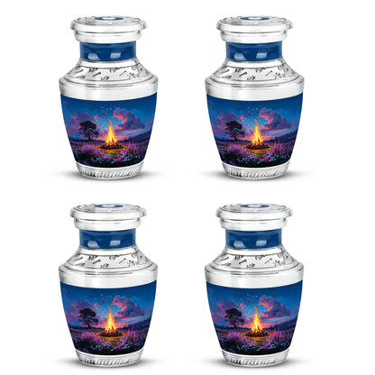 Azure Campfire Cremation Urn back view with polished surface - modern art-inspired campfire motif on sleek aluminum - 10 inch aluminum urn for cremated remains