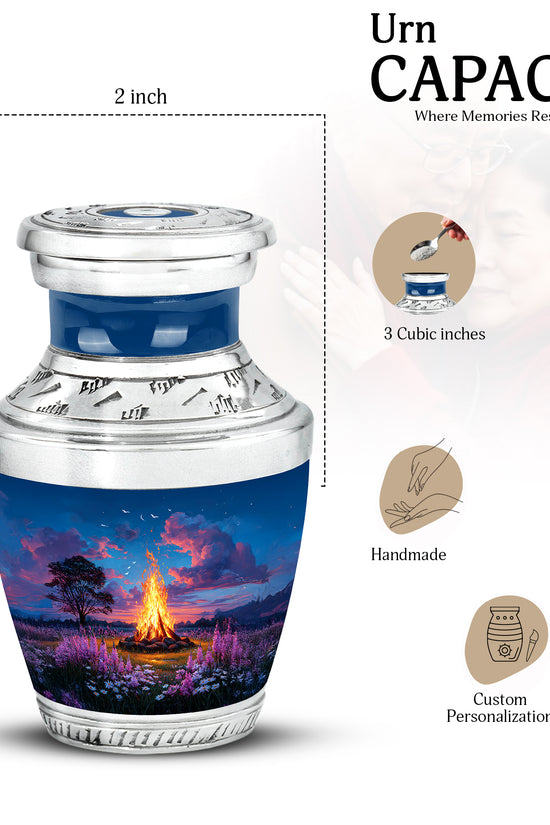 Steel Blue Campfire Cremation Urn top-down view of secure threaded lid - artistic campfire interpretation with creative detail - mini keepsake memorial for portion of cremation ashes