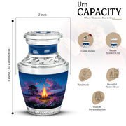 Steel Blue Campfire Cremation Urn top-down view of secure threaded lid - artistic campfire interpretation with creative detail - mini keepsake memorial for portion of cremation ashes