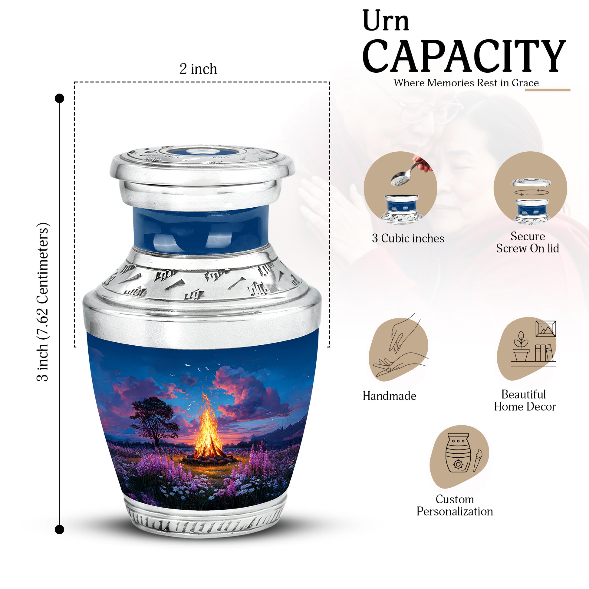 Steel Blue Campfire Cremation Urn top-down view of secure threaded lid - artistic campfire interpretation with creative detail - mini keepsake memorial for portion of cremation ashes
