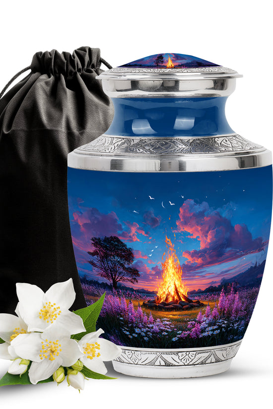Celestial Blue Campfire Cremation Urn side profile showing urn shape - contemporary campfire design with modern artistic flair - full-size 10 inch 200 cubic inch adult cremation urn