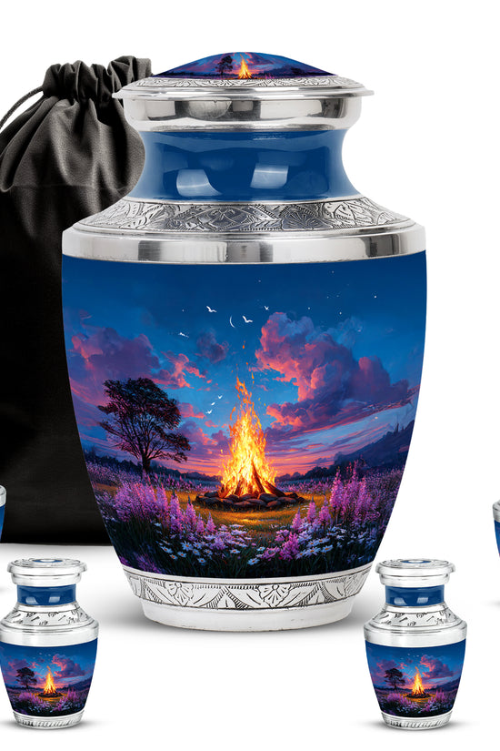 Vivid Blue Campfire Cremation Urn lifestyle display on memorial shelf - artistic campfire interpretation with creative detail - memorial set with one large and four small urns