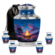 Vivid Blue Campfire Cremation Urn lifestyle display on memorial shelf - artistic campfire interpretation with creative detail - memorial set with one large and four small urns