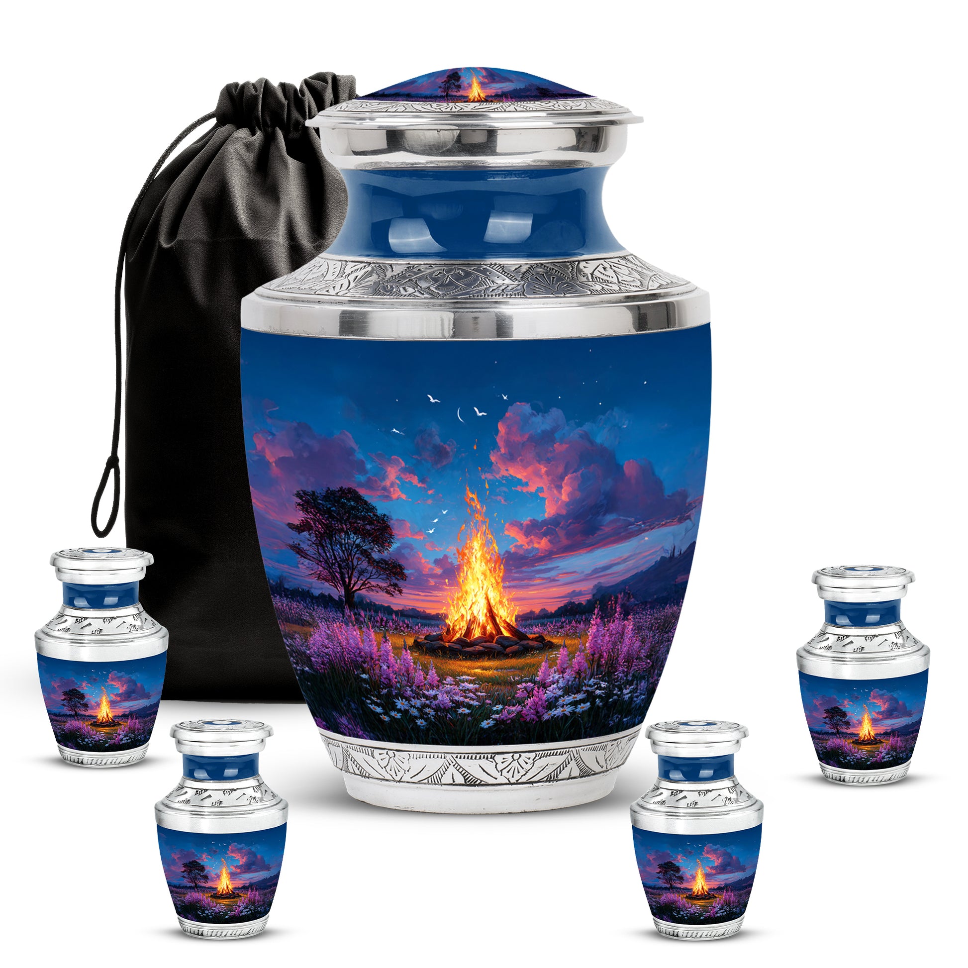 Vivid Blue Campfire Cremation Urn lifestyle display on memorial shelf - artistic campfire interpretation with creative detail - memorial set with one large and four small urns