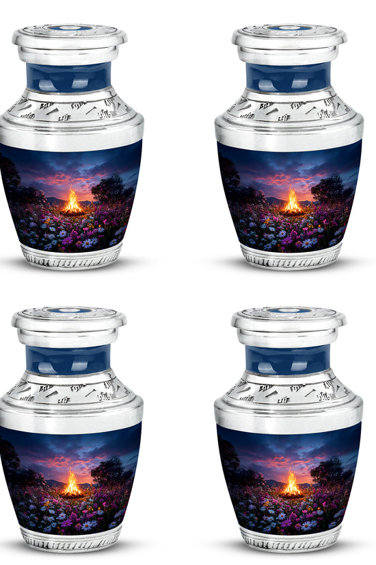 Cobalt Blue Campfire Cremation Urn back view with polished surface - artistic campfire interpretation with creative detail - 10 inch aluminum urn for cremated remains