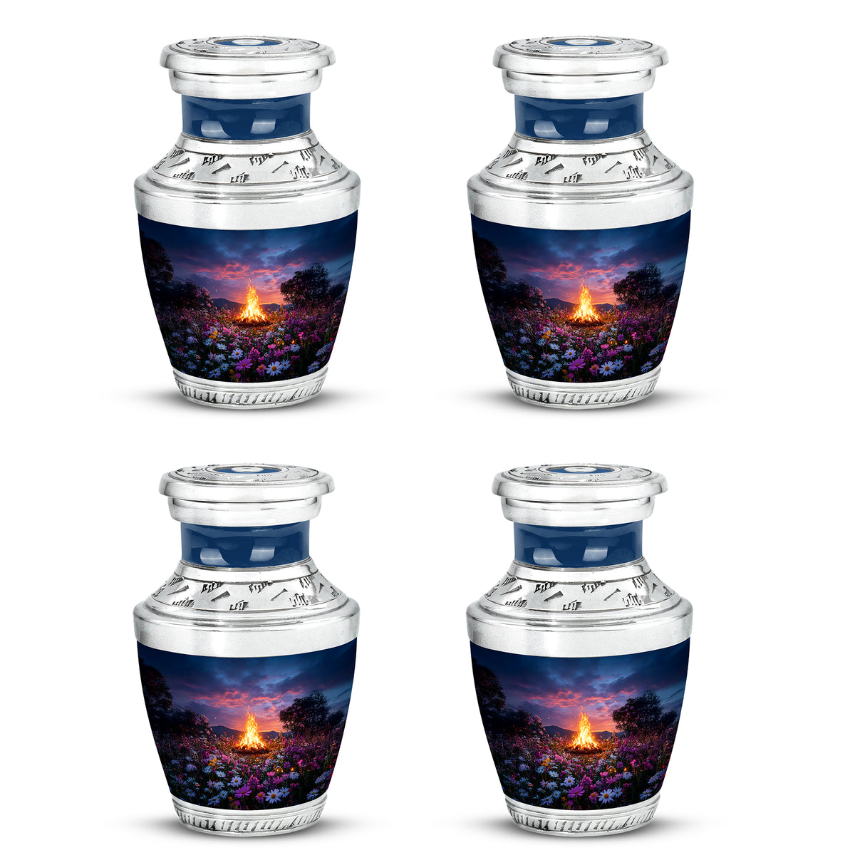 Cobalt Blue Campfire Cremation Urn back view with polished surface - artistic campfire interpretation with creative detail - 10 inch aluminum urn for cremated remains