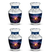Cobalt Blue Campfire Cremation Urn back view with polished surface - artistic campfire interpretation with creative detail - 10 inch aluminum urn for cremated remains