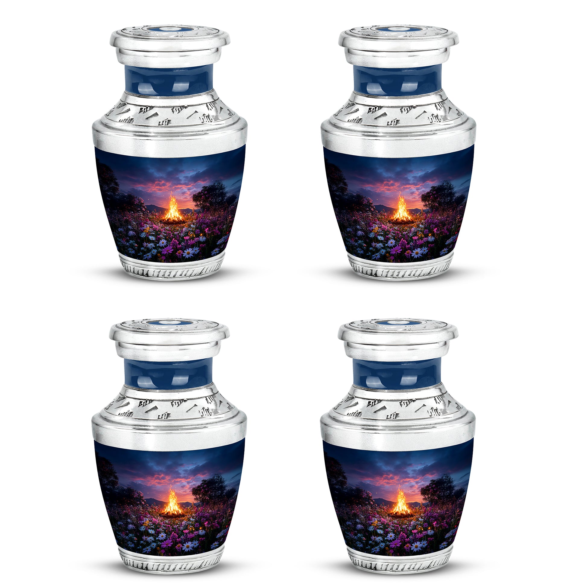 Cobalt Blue Campfire Cremation Urn back view with polished surface - artistic campfire interpretation with creative detail - 10 inch aluminum urn for cremated remains