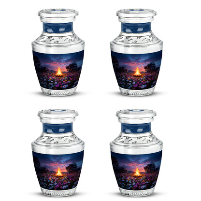 Cobalt Blue Campfire Cremation Urn back view with polished surface - artistic campfire interpretation with creative detail - 10 inch aluminum urn for cremated remains
