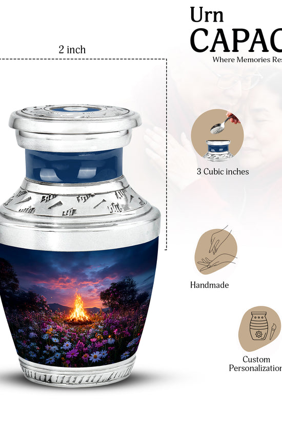 Indigo Campfire Cremation Urn top-down view of secure threaded lid - contemporary campfire design with modern artistic flair - mini keepsake memorial for portion of cremation ashes