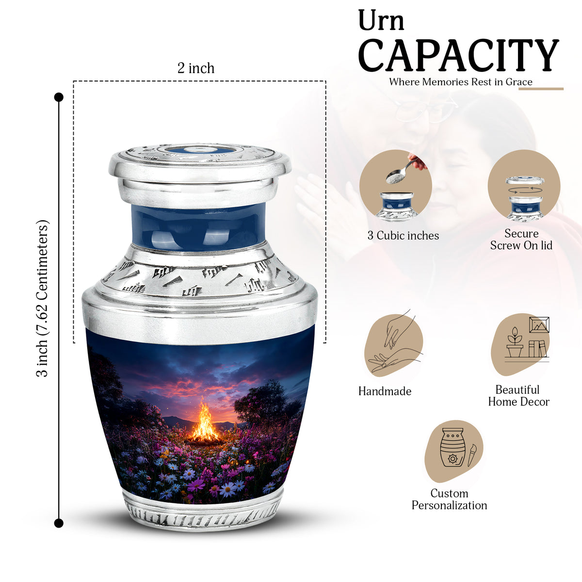 Indigo Campfire Cremation Urn top-down view of secure threaded lid - contemporary campfire design with modern artistic flair - mini keepsake memorial for portion of cremation ashes