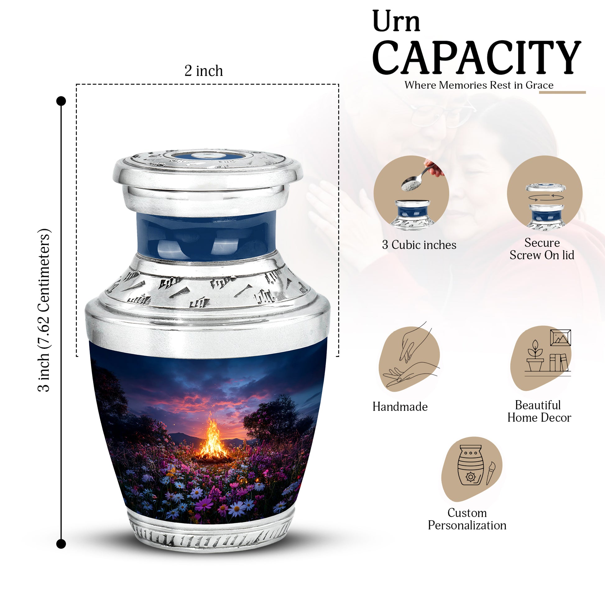 Indigo Campfire Cremation Urn top-down view of secure threaded lid - contemporary campfire design with modern artistic flair - mini keepsake memorial for portion of cremation ashes