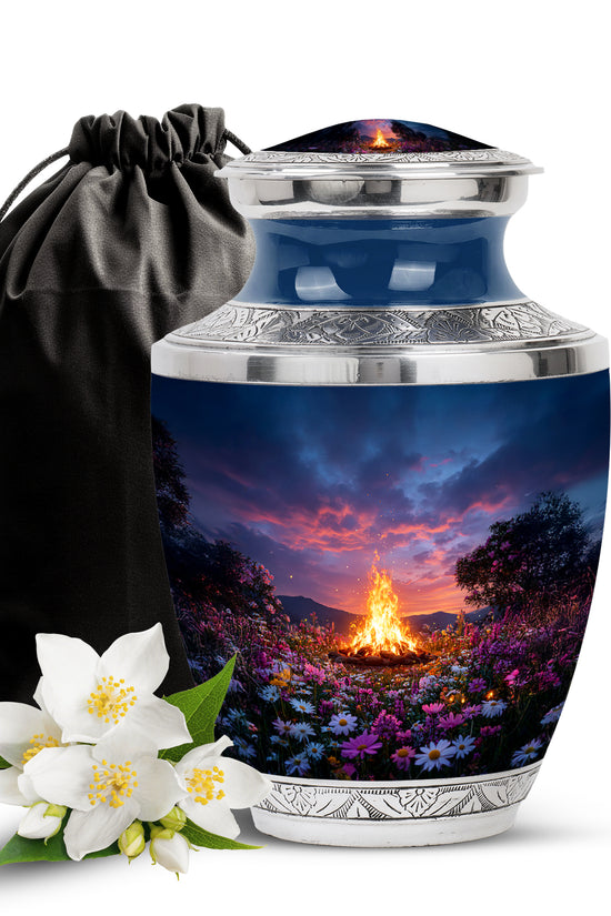 Cobalt Blue Campfire Cremation Urn side profile showing urn shape - artistic campfire interpretation with creative detail - full-size 10 inch 200 cubic inch adult cremation urn