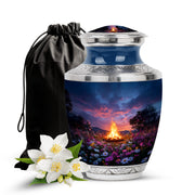 Cobalt Blue Campfire Cremation Urn side profile showing urn shape - artistic campfire interpretation with creative detail - full-size 10 inch 200 cubic inch adult cremation urn