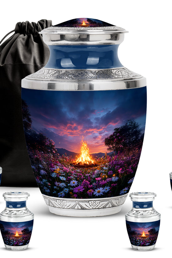 Pastel Blue Campfire Cremation Urn lifestyle display on memorial shelf - contemporary campfire design with modern artistic flair - memorial set with one large and four small urns