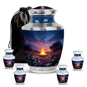 Pastel Blue Campfire Cremation Urn lifestyle display on memorial shelf - contemporary campfire design with modern artistic flair - memorial set with one large and four small urns