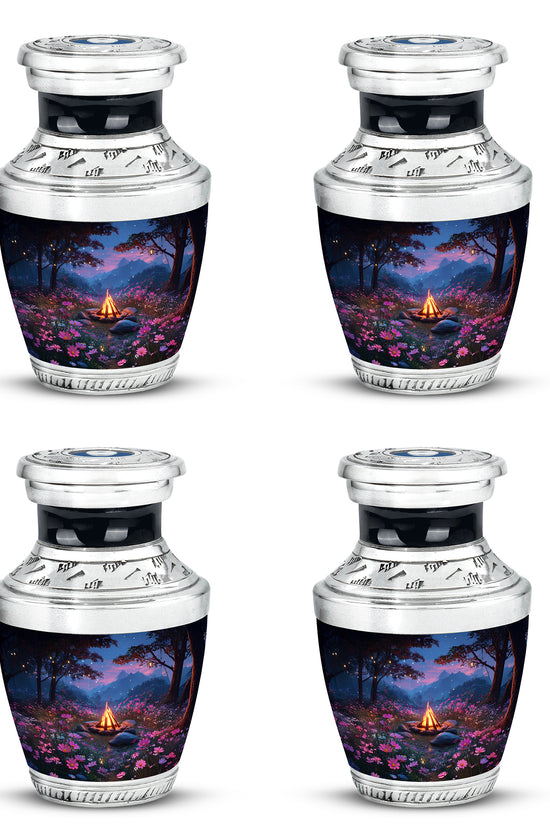 Pastel Blue Campfire Cremation Urn back view with polished surface - modern art-inspired campfire motif on sleek aluminum - 10 inch aluminum urn for cremated remains