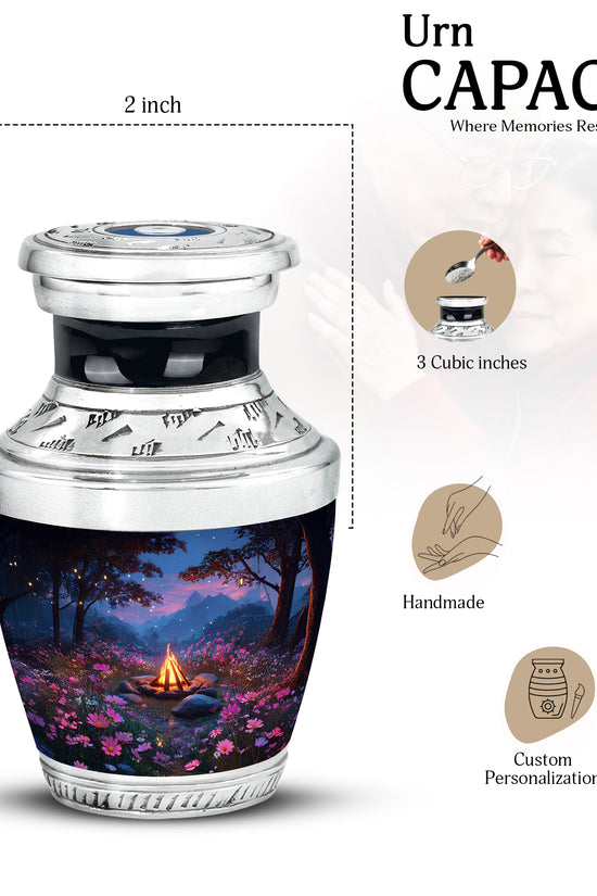 Cornflower Blue Campfire Cremation Urn top-down view of secure threaded lid - artistic campfire interpretation with creative detail - mini keepsake memorial for portion of cremation ashes